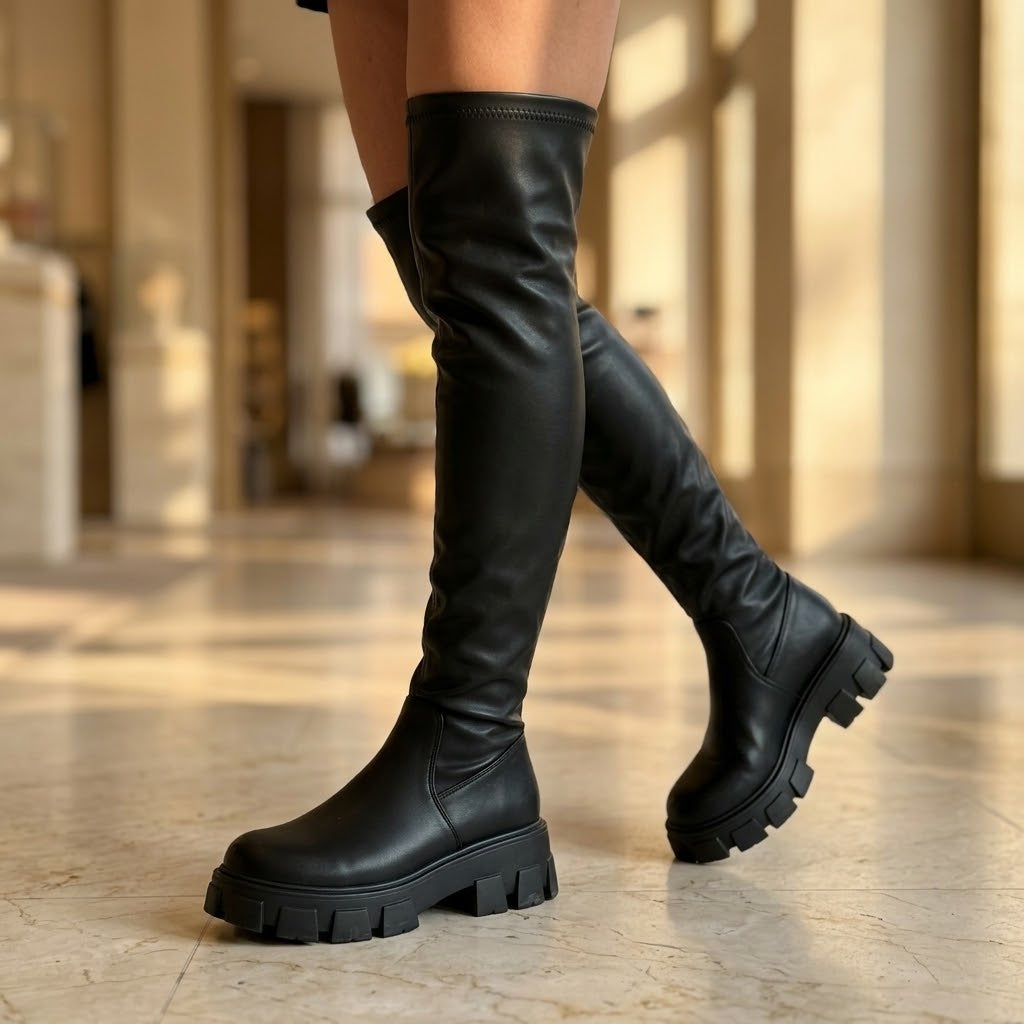Wild Diva Black Faux Leather Chunky Lug Sole Over The Knee Boots