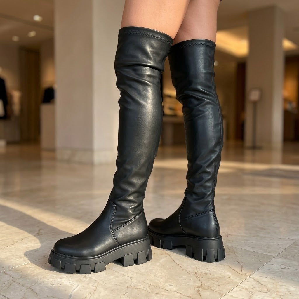 Wild Diva Black Faux Leather Chunky Lug Sole Over The Knee Boots