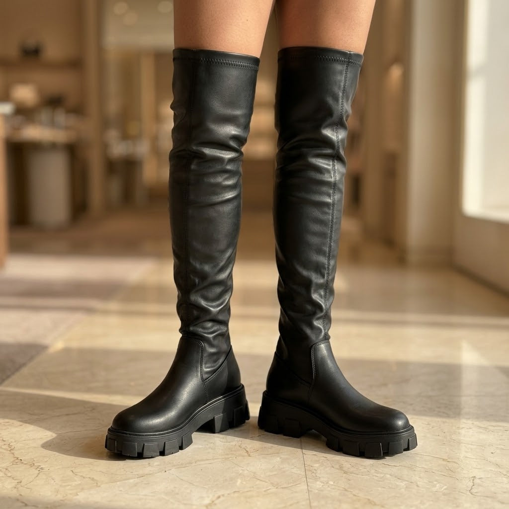 Wild Diva Black Faux Leather Chunky Lug Sole Over The Knee Boots