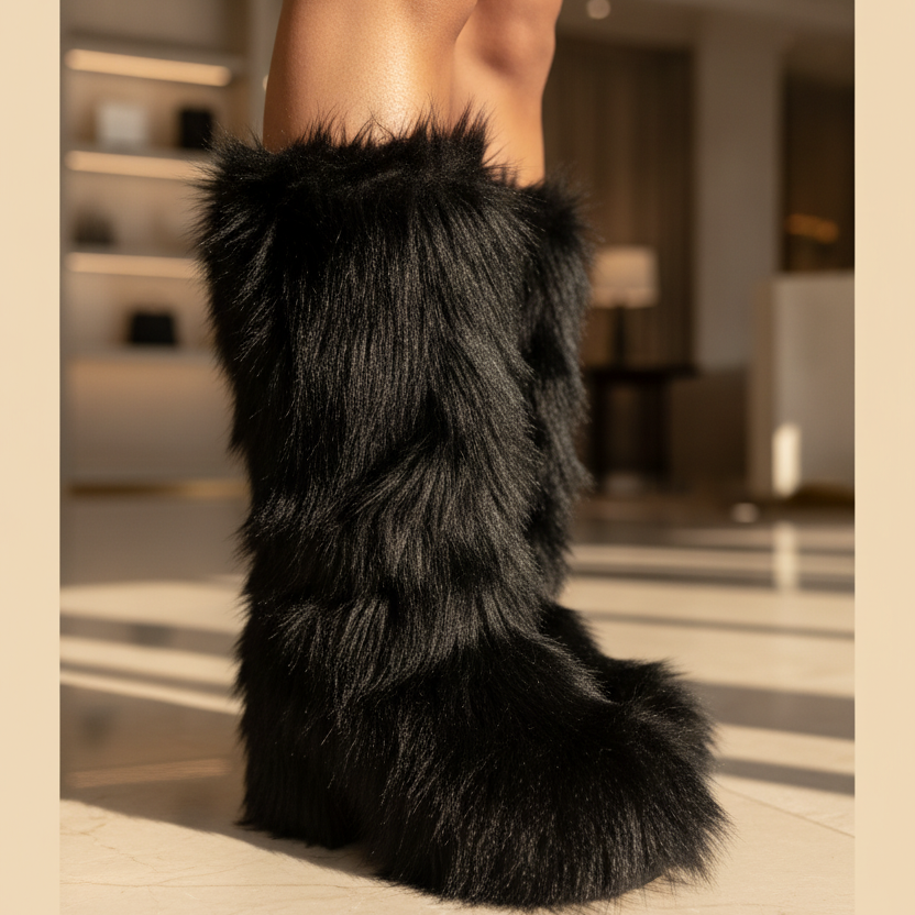 Black Faux Fur Winter Snow Boots