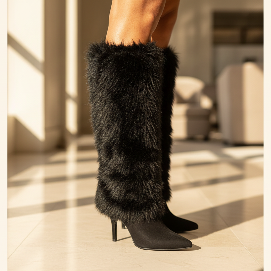 Black Faux Fur Knee-High Stiletto Boots