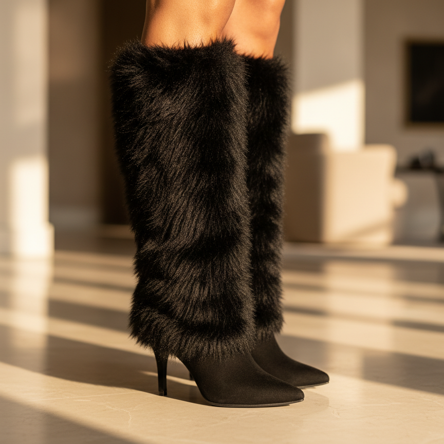 Black Faux Fur Knee-High Stiletto Boots