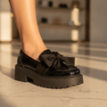 Wild Diva Black Bow Patent Leather Platform Loafers