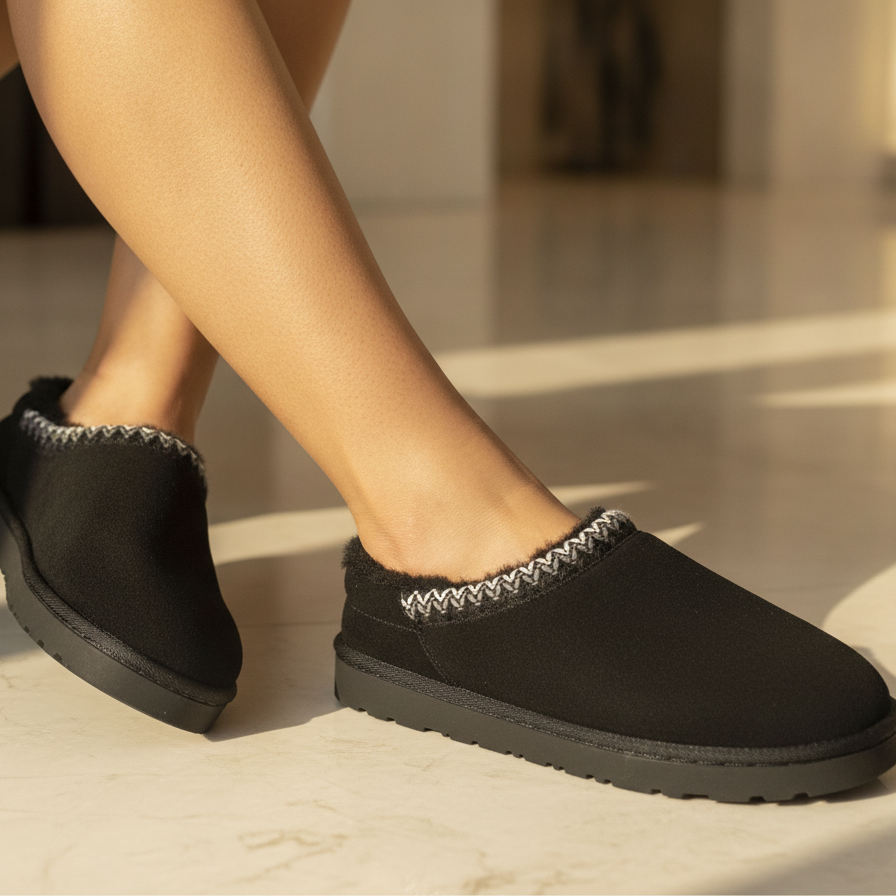 Black Faux Fur Lined Slip-On Slippers
