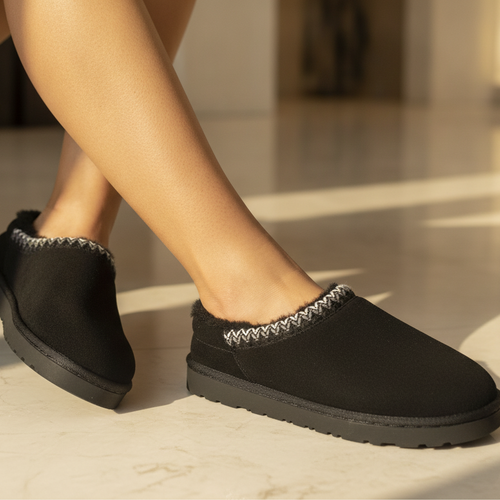 Black Faux Fur Lined Slip-On Slippers