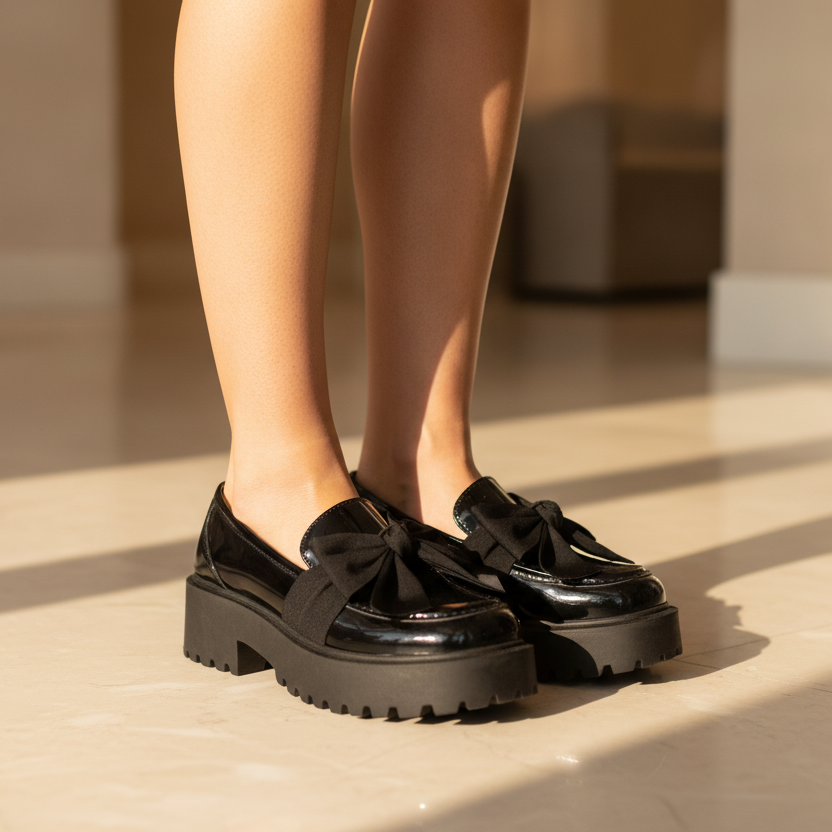 Wild Diva Black Bow Patent Leather Platform Loafers