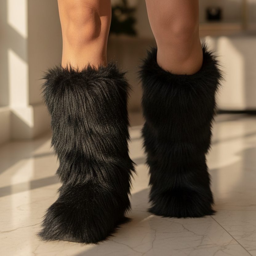 Black Faux Fur Winter Snow Boots