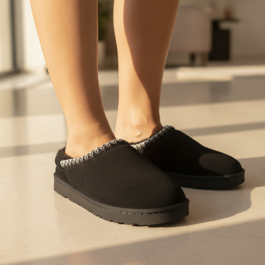 Black Faux Fur Lined Slip-On Slippers