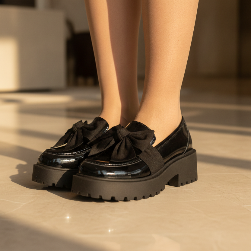 Wild Diva Black Bow Patent Leather Platform Loafers