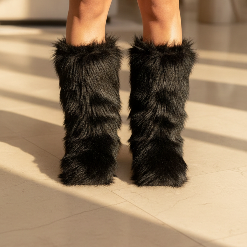 Black Faux Fur Winter Snow Boots