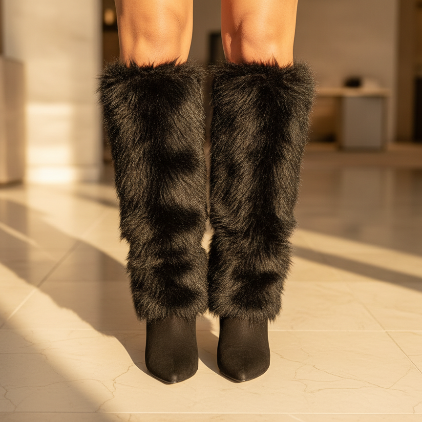 Black Faux Fur Knee-High Stiletto Boots