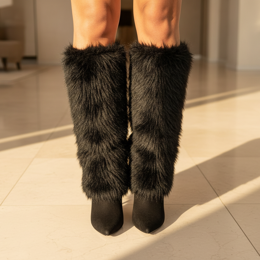 Wild Diva Black Faux Fur Knee-High Stiletto Boots