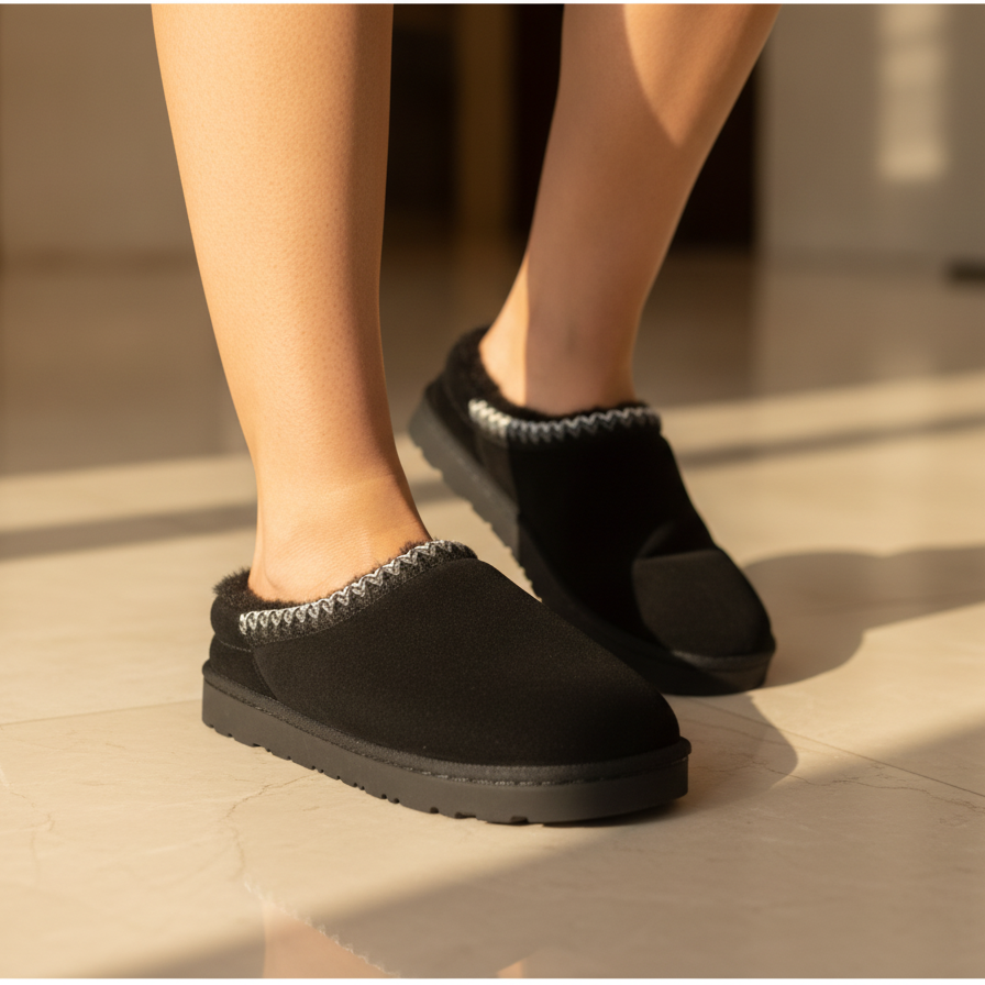 Black Faux Fur Lined Slip-On Slippers