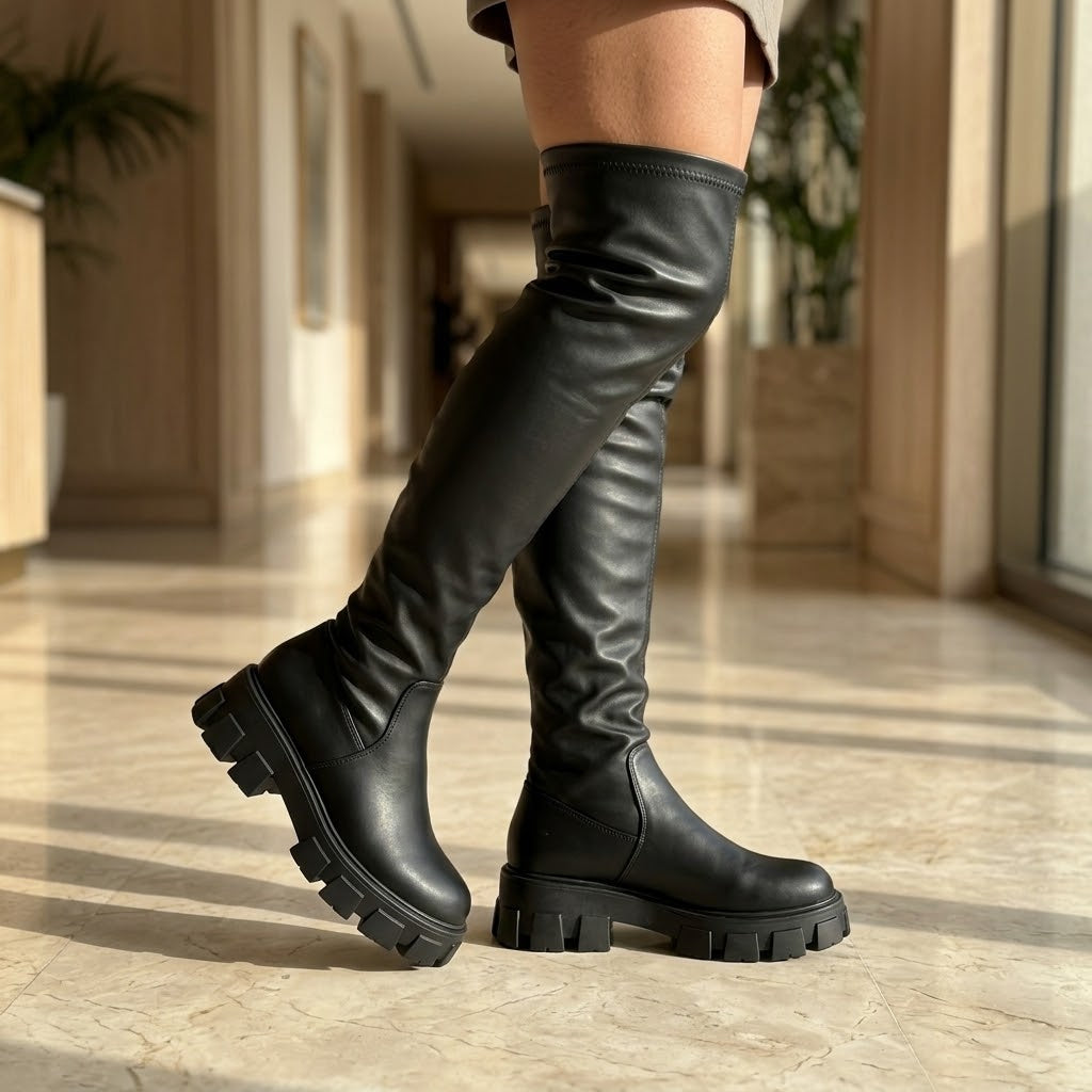 Wild Diva Black Faux Leather Chunky Lug Sole Over The Knee Boots