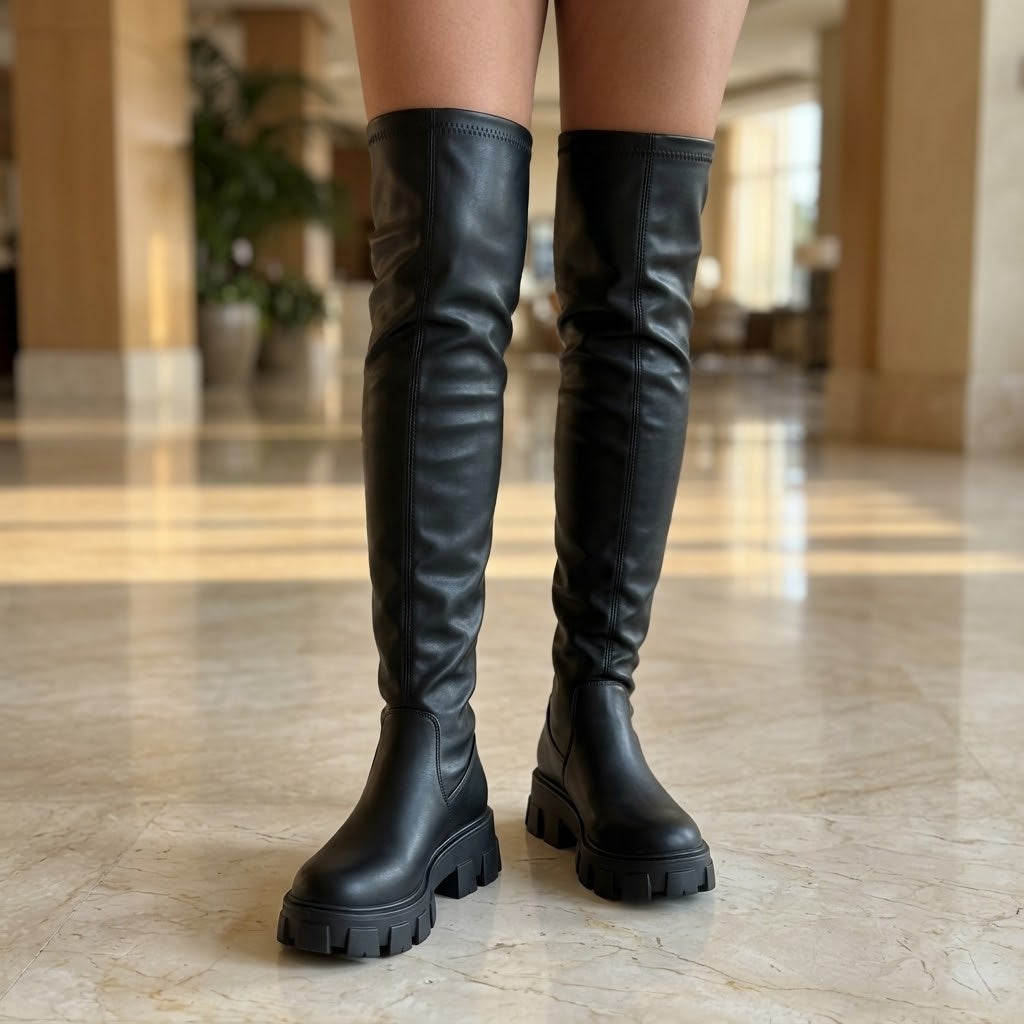 Wild Diva Black Faux Leather Chunky Lug Sole Over The Knee Boots